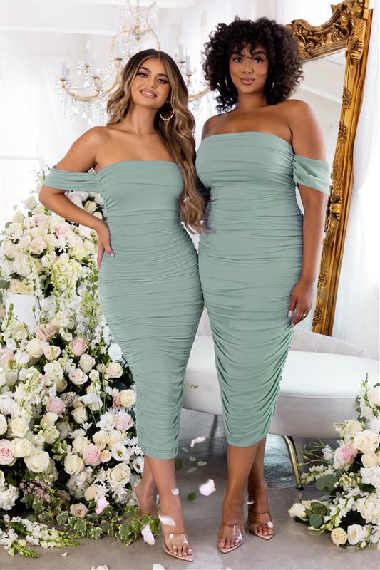 Lost For Words | Sage Bardot Ruched Draped Midi Dress