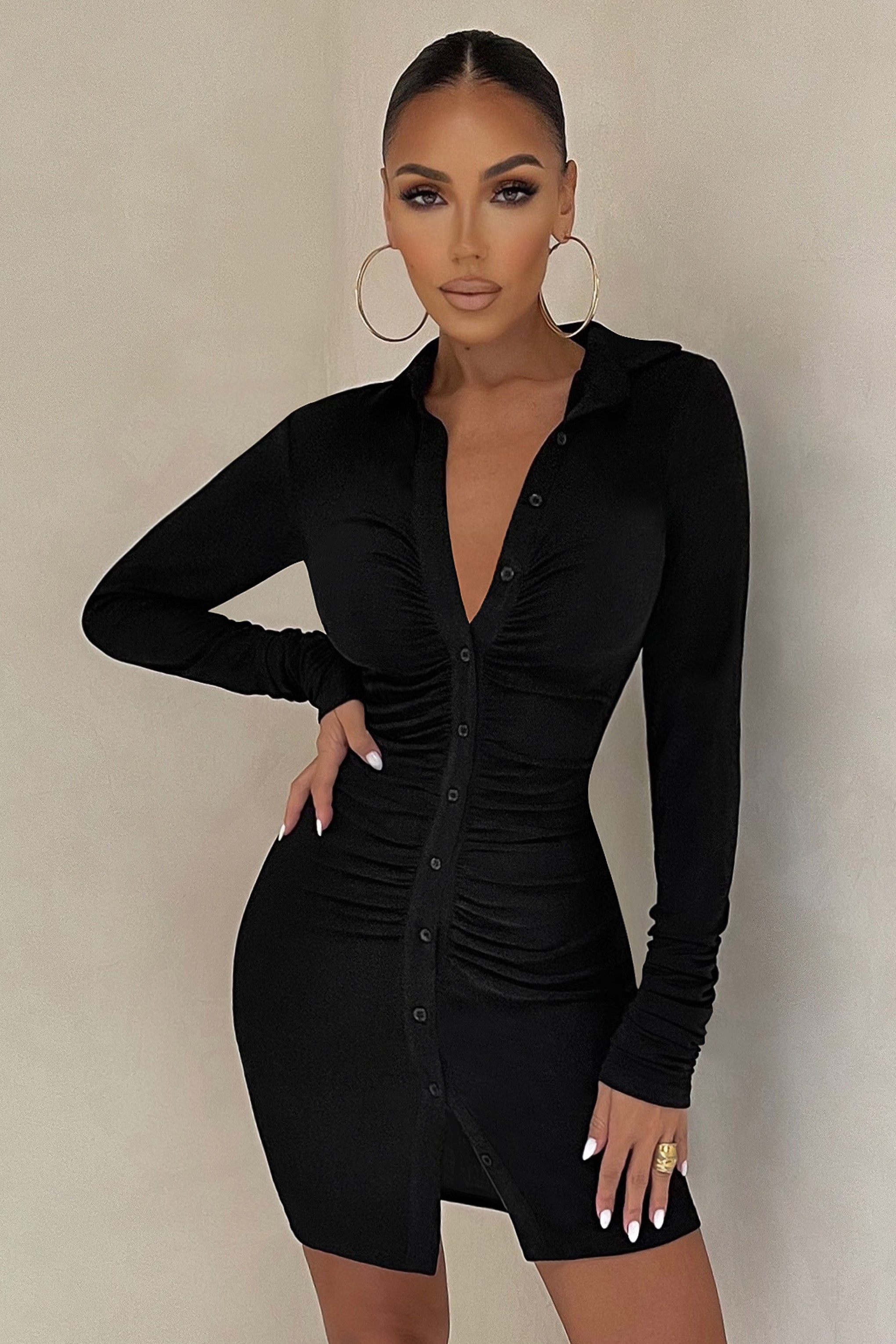 One To Remember | Black Bodycon Ruched Long Sleeve Shirt Mini Dress