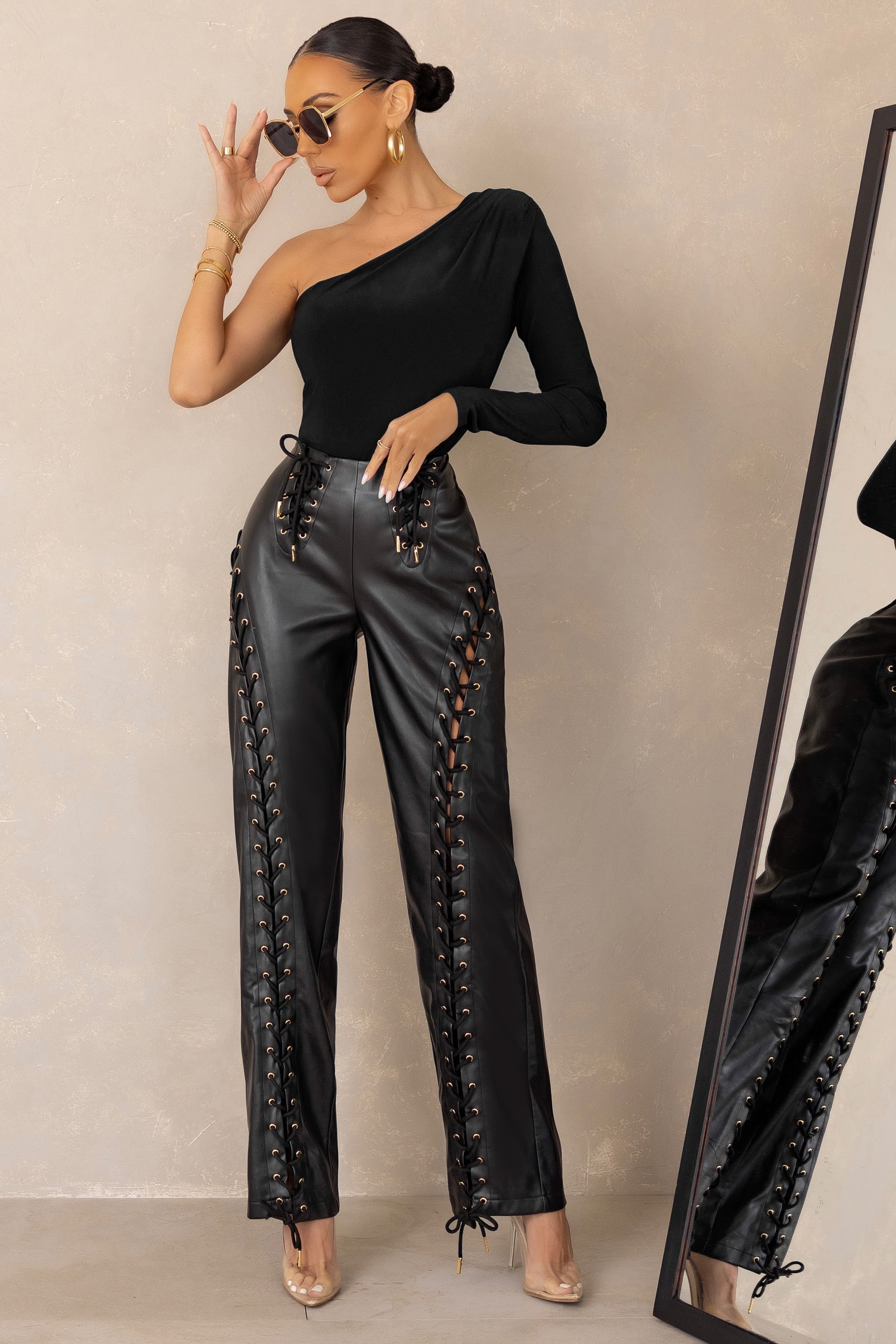 Worthy | Black Lace-Up Detail Faux Leather Trousers