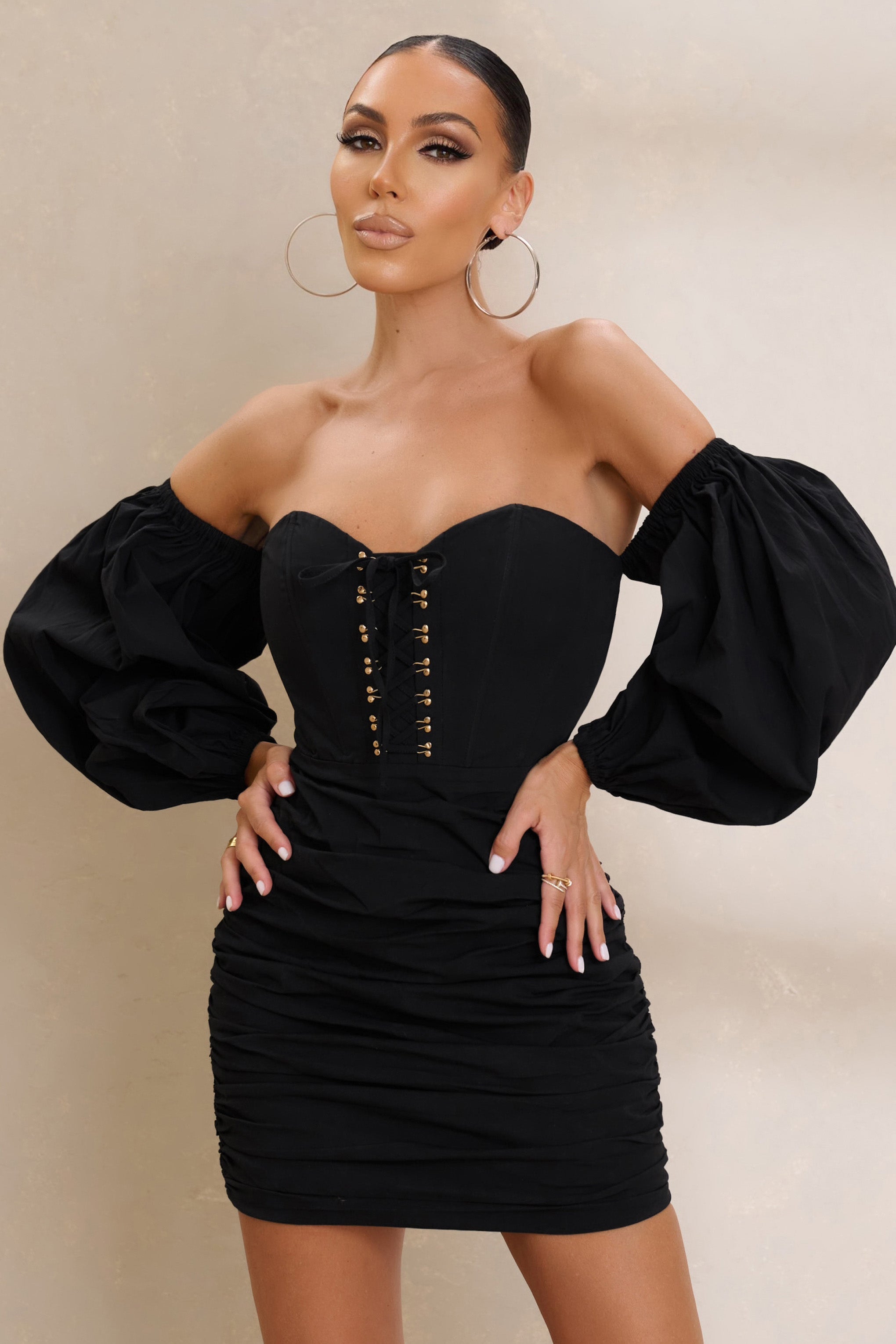 Next Level | Black Bardot Corset Mini Dress