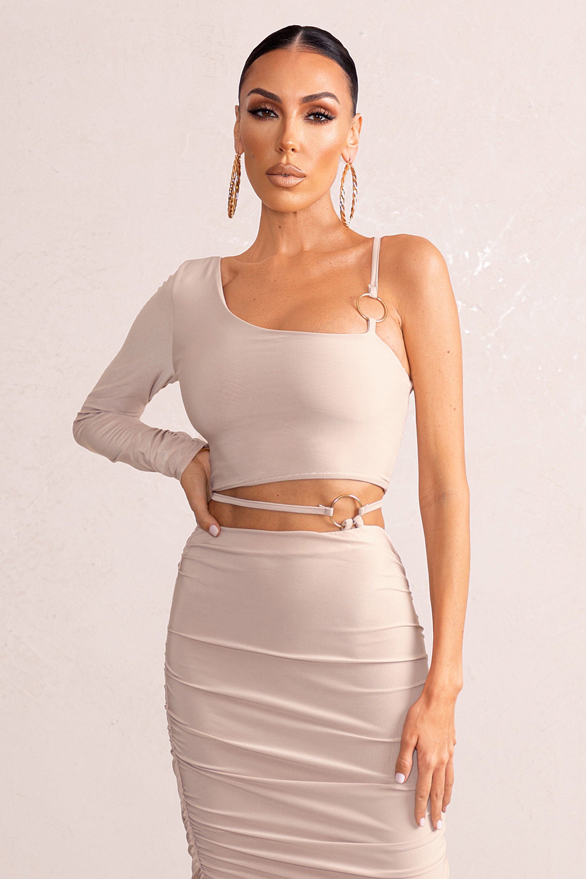 Nice | Blush Pink Asymmetric Neck Crop Top With O Ring Detail product