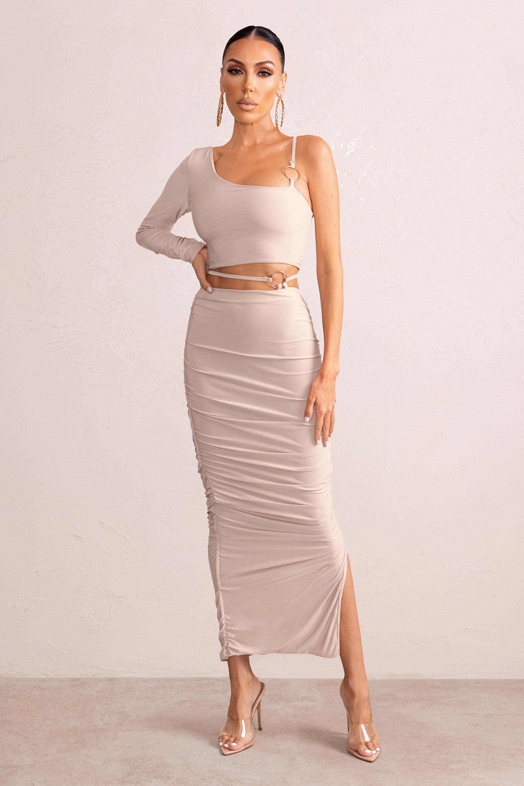 Montpellier | Blush Pink Tie Waist Side Split Midi Skirt product