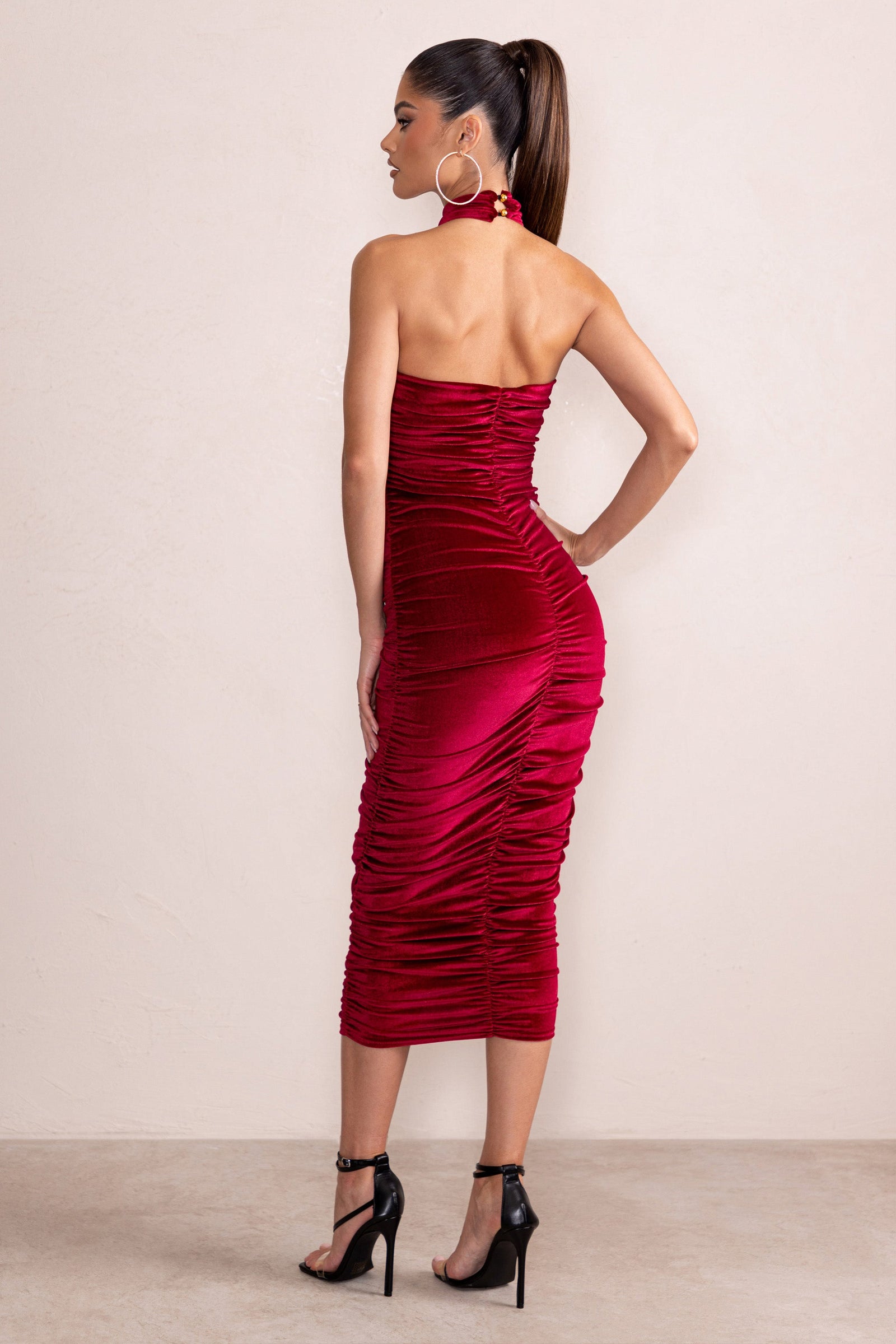 Letitia Red Halter Neck Ruched Bodycon Midi Dress – Club L London