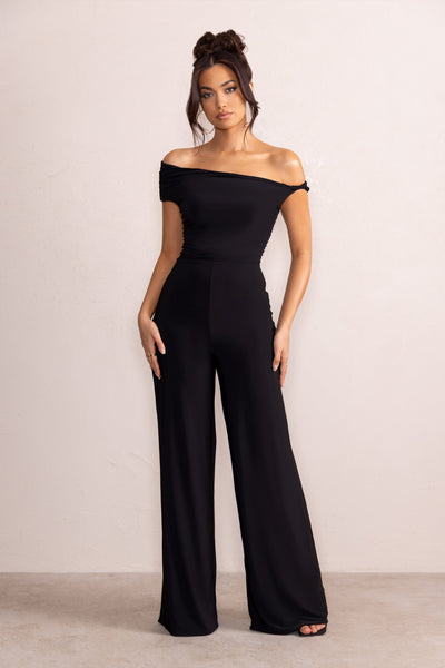 lipsy black one shoulder asymmetric jumpsuit