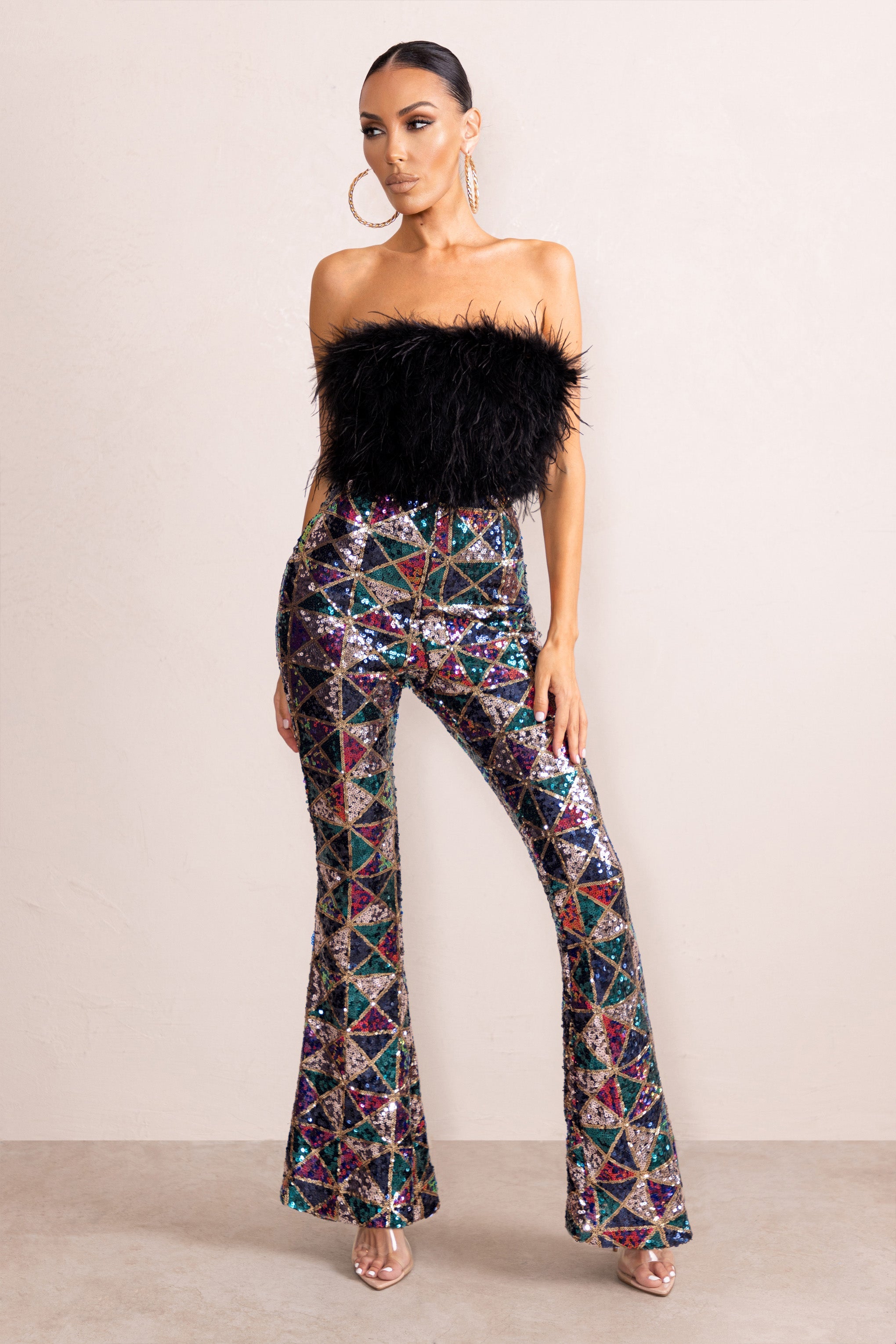 Heaven Sent | Black Aztec Sequin Fit And Flare Trousers