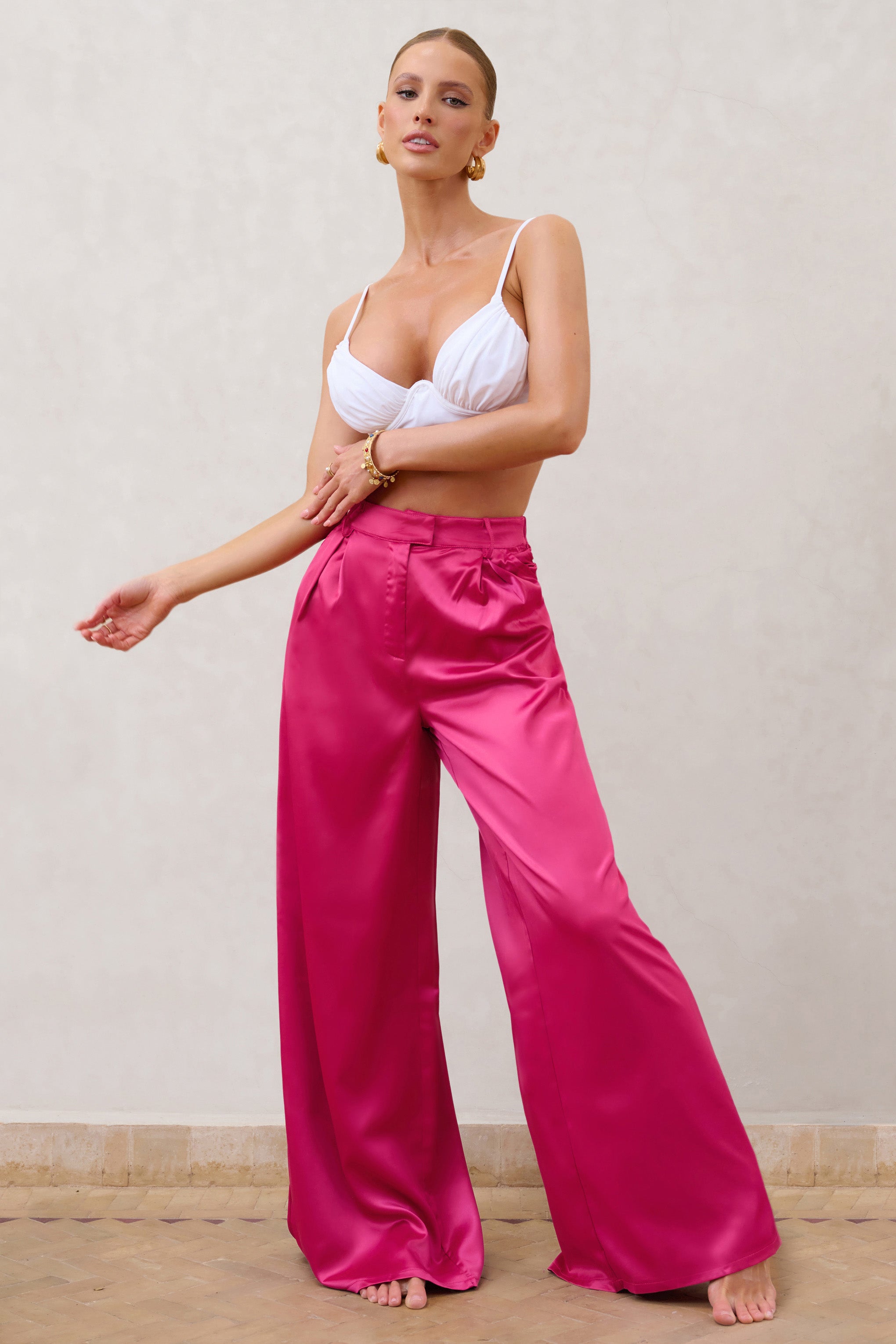 Desire Me | Hot Pink Satin High Waist Wide Leg Trousers product