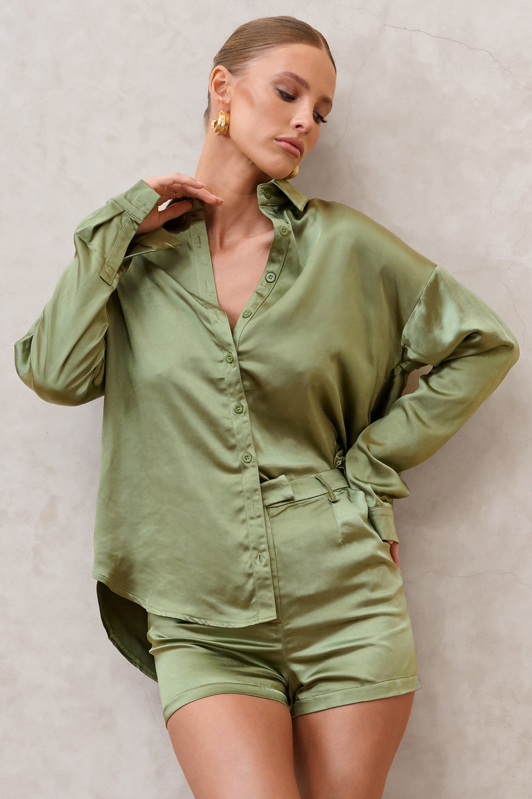 Limitless | Olive Green Oversized Long Sleeve Satin Shirt With Placement Pocket