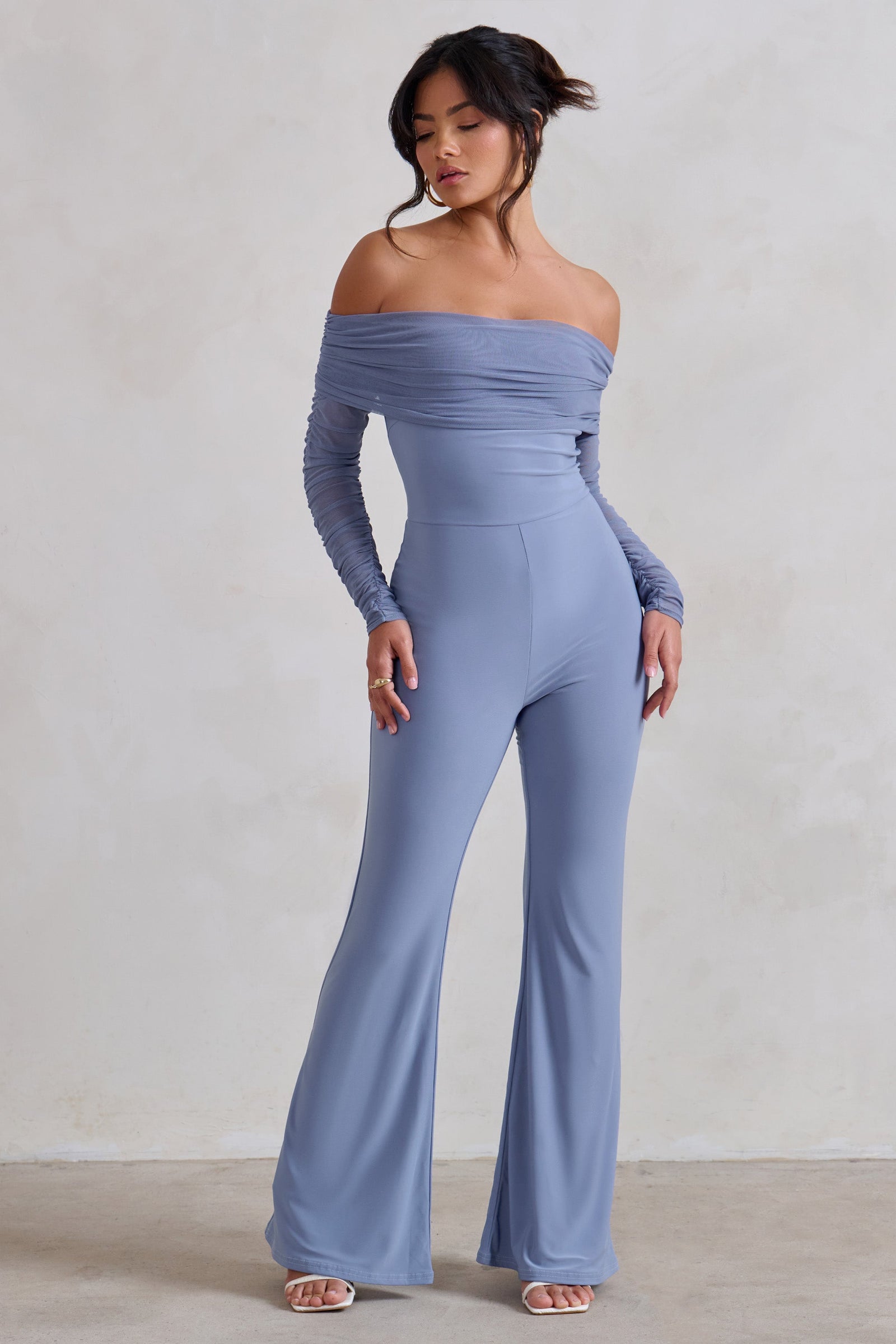 Whisper White Ruched Mesh Bardot Jumpsuit – Club L London - USA