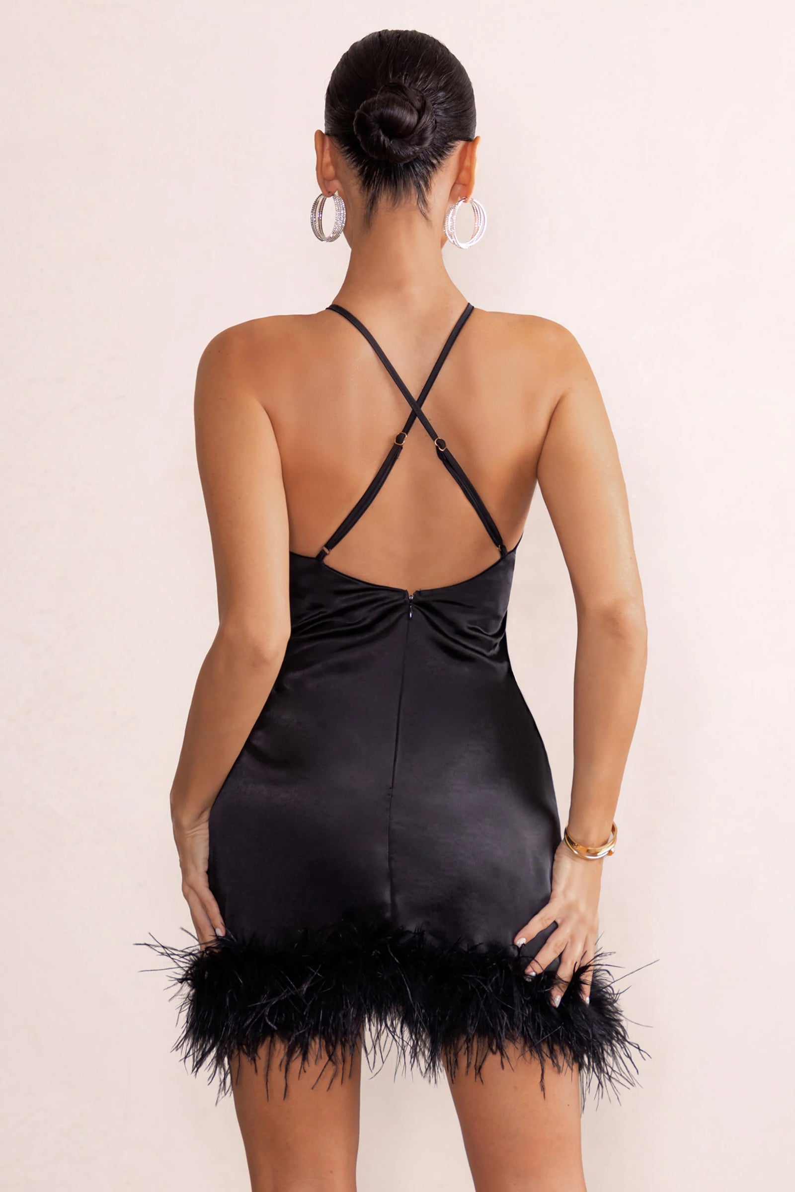 Black Brushed Knit Feather Trim Mini Dress