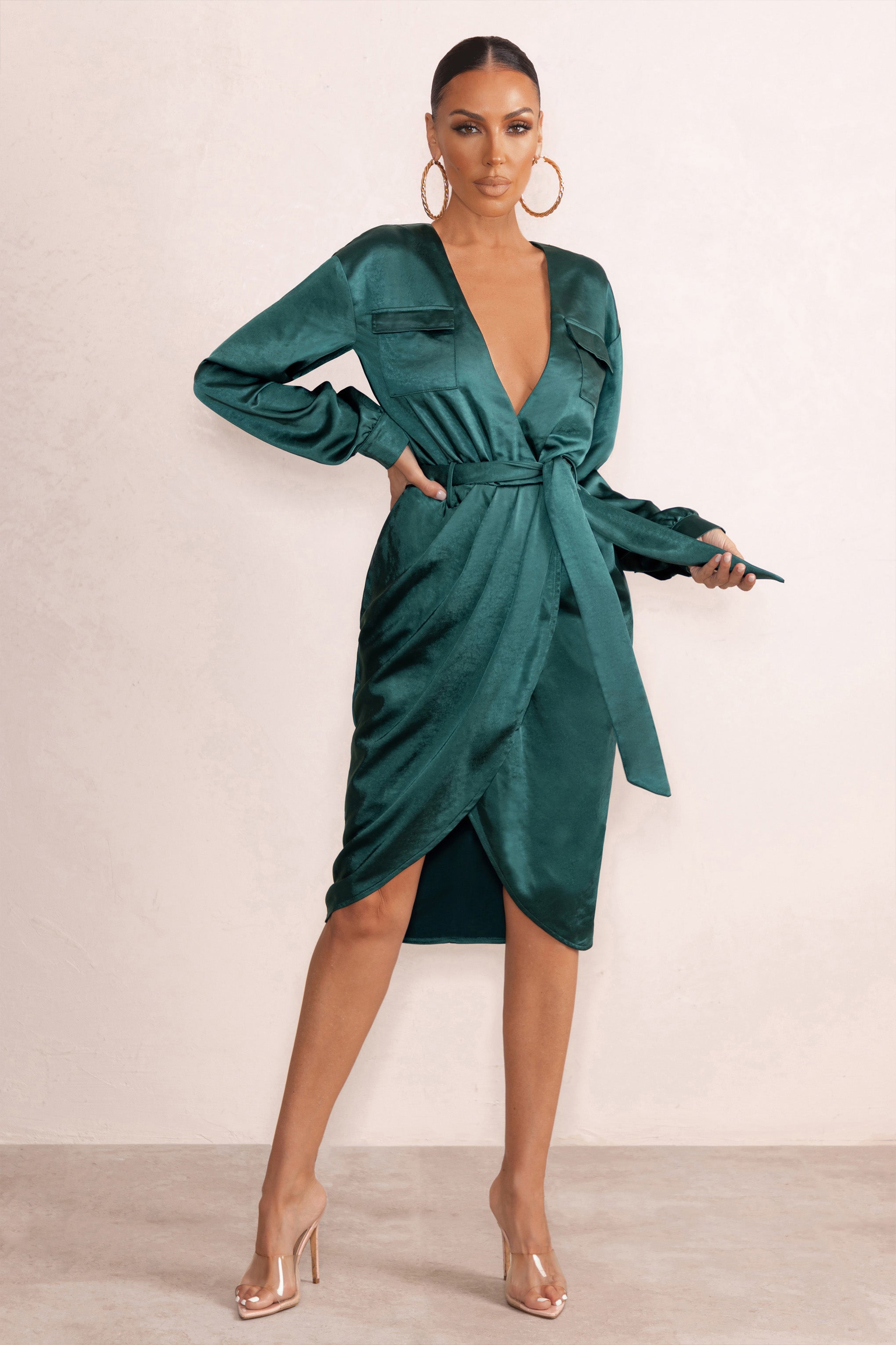 True Romance | Bottle Green Satin Plunge Neck Midi Dress With Belt Detail