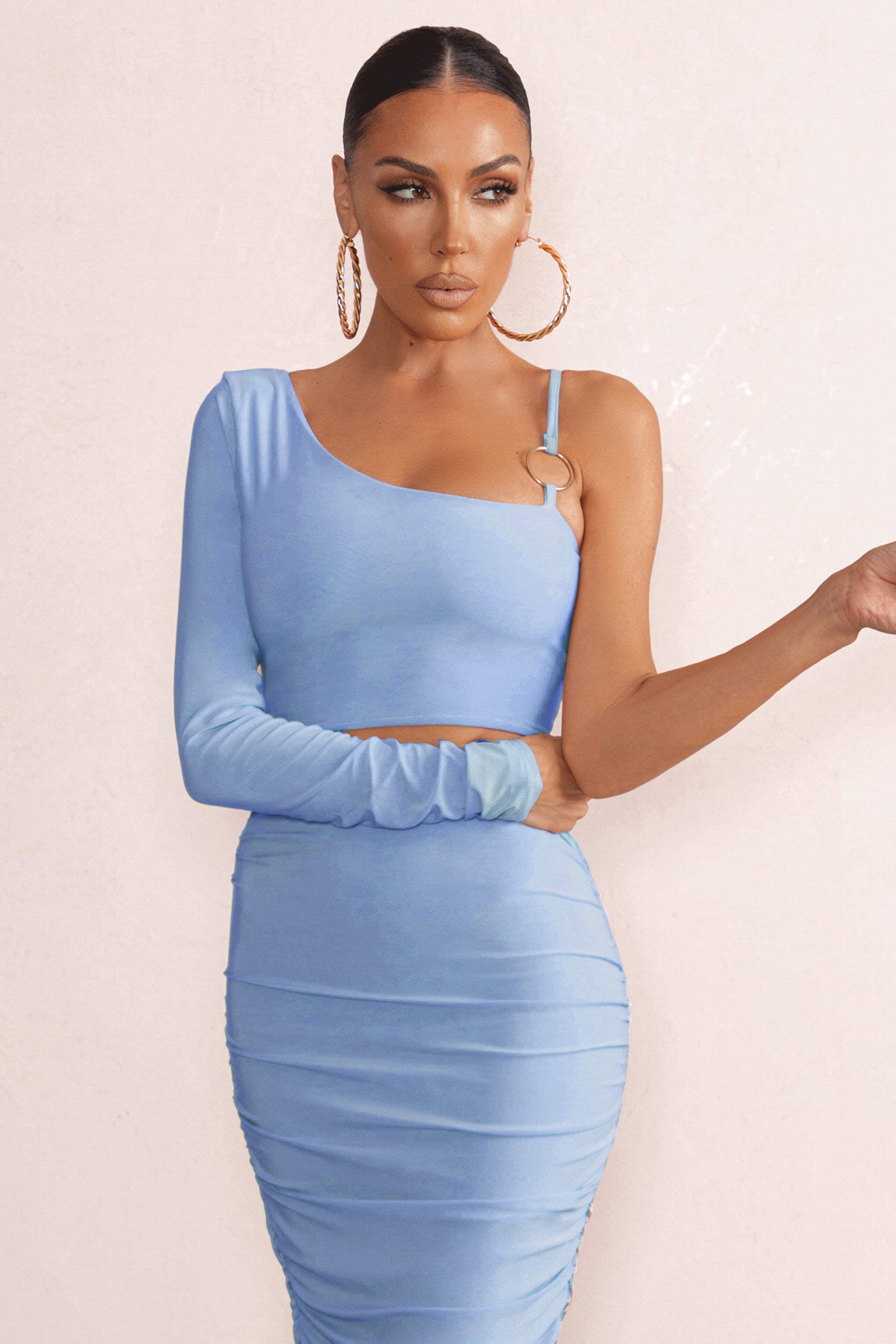 Nice | Powder Blue Asymmetric Neck Crop Top With O Ring Detail