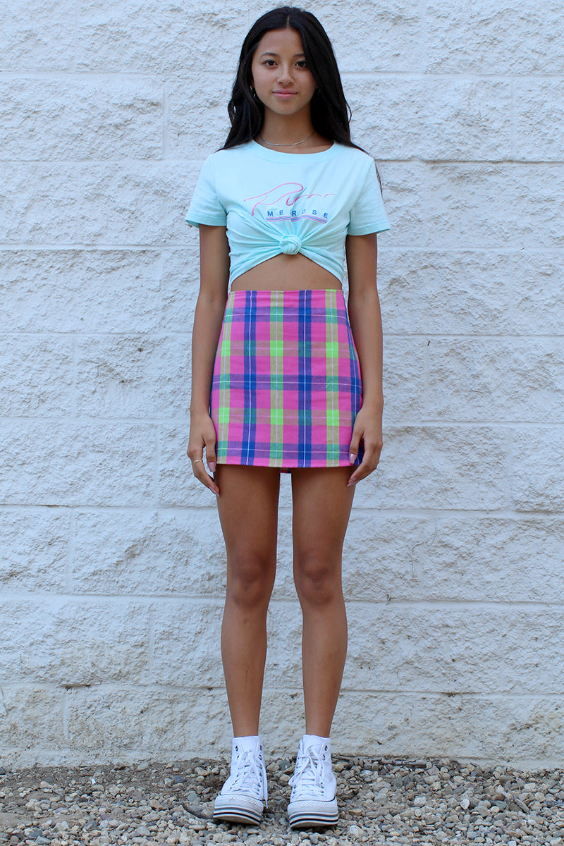 lavender pink plaid skirt