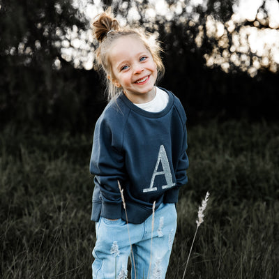 Girls Monogram Sweater - Blue with navy sequin