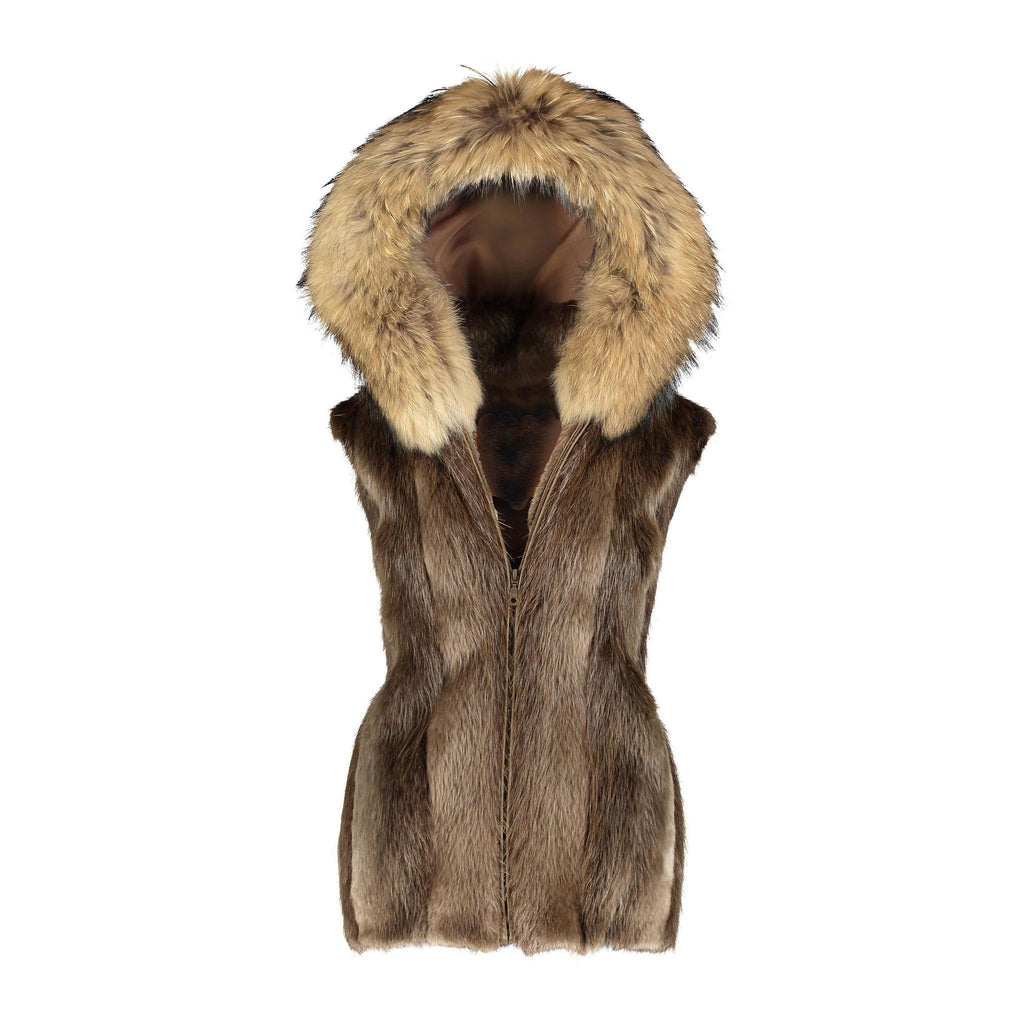 Natural Long Hair Beaver Vest w/ Finnish Raccoon Trim Hood - Style 330 ...