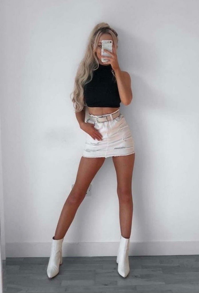 white distressed mini skirt