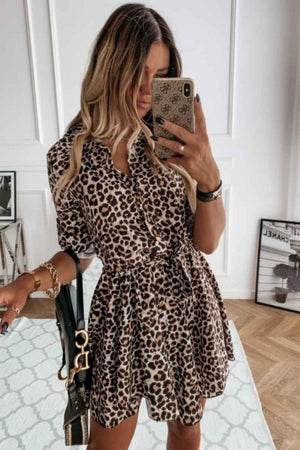 Leopard Self Belt Long Sleeve Shirt Dress – Uniquely Sophia's