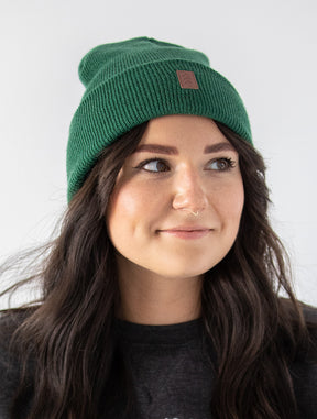 Vegan Leather Patch Logo Beanie - Forest