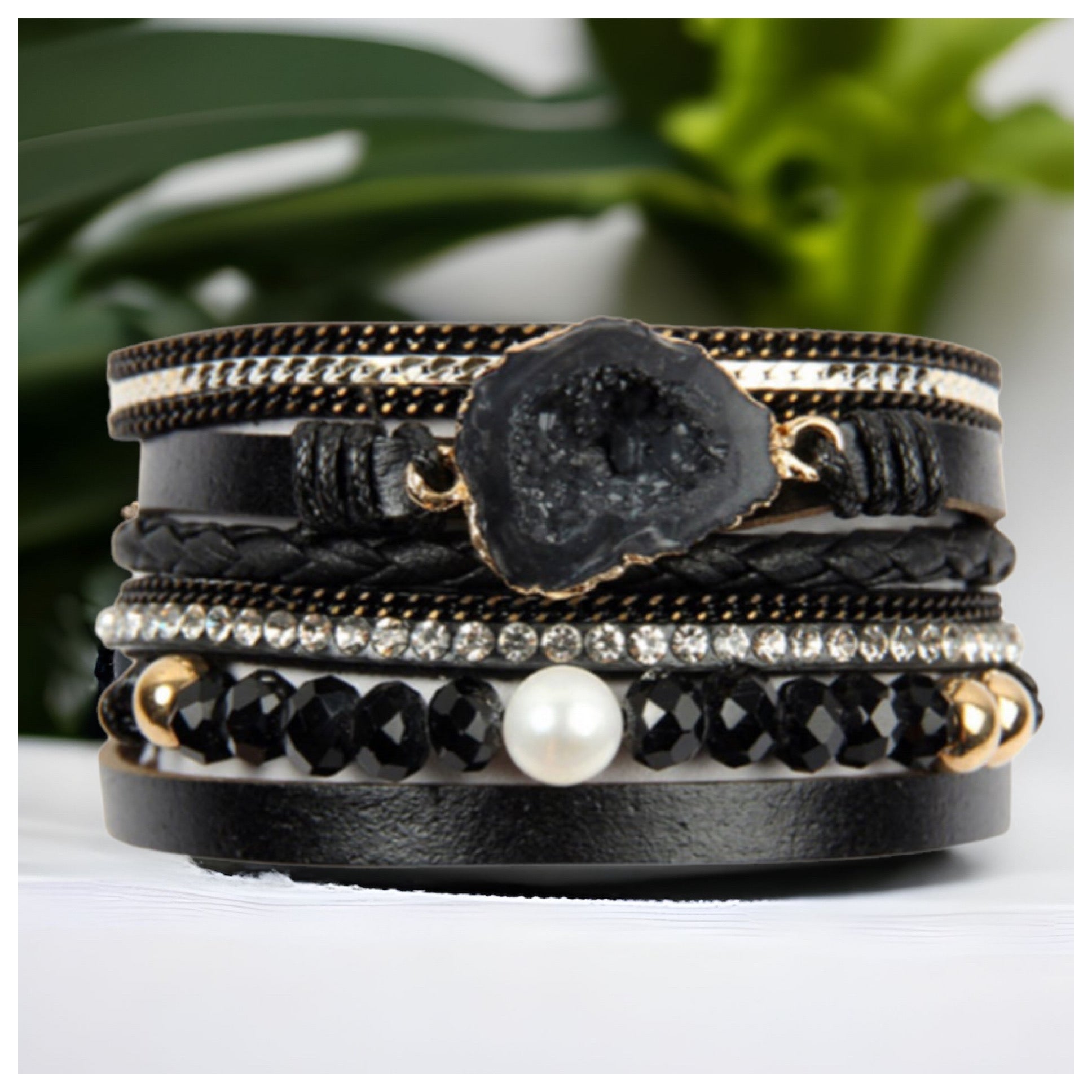 Stunning Multi Strand Black Leather Druzy Stone Bracelet