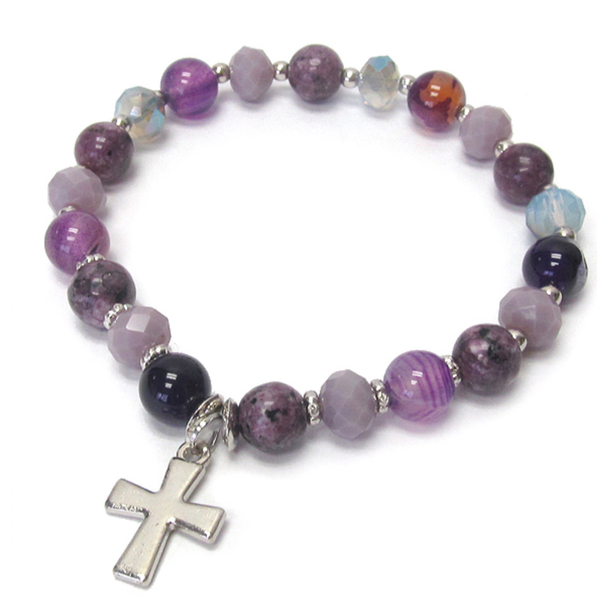 Semi Precious Stone Cross Charm Stretch Bracelet