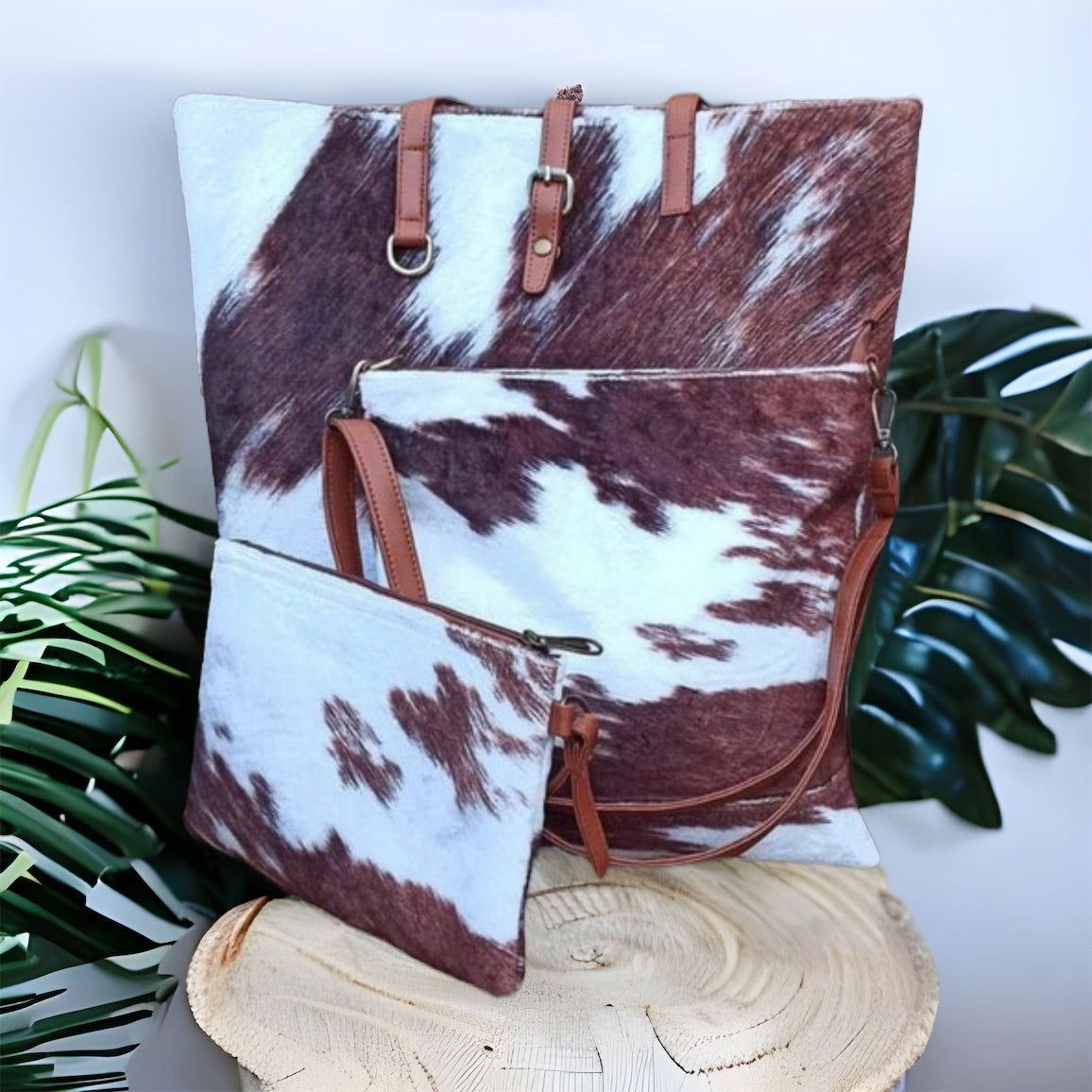 Special~Round Em鈥 Up-Jennifer Tan Cowhide Print Tote-Cross Body Bag and Clutch 3pc Set