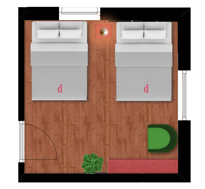 ８畳にダブルベッドx2 でベッドルームの理想の形