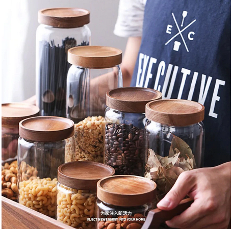Glass Storage Containers,High Borosilicate Glass Jars Kitchen Food  Canisters with Acacia Wood Lids for Coffee Beans/Sugar/Nuts
