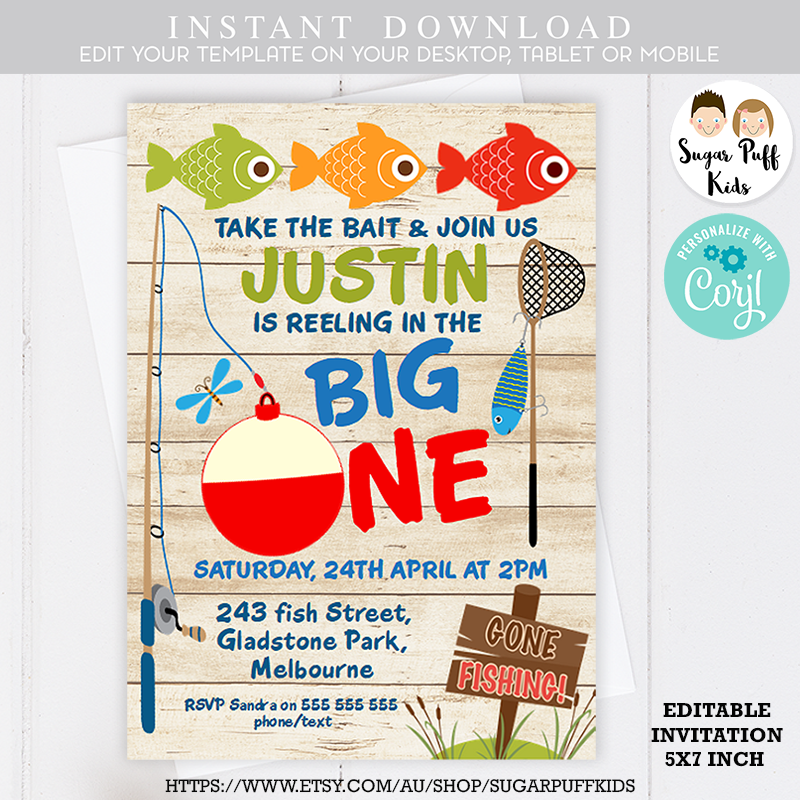 Editable Fishing Birthday Invitation Boy o-Fish-Ally Reeling the Big O -  Design My Party Studio