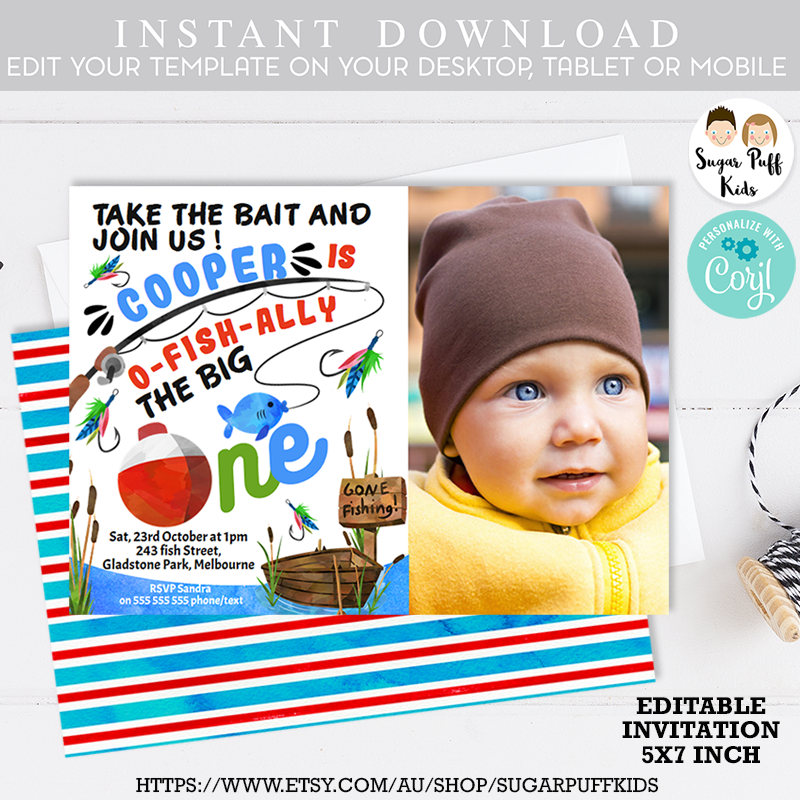 Bass Fish Fishing Birthday Party Invitation Boy Girl Chevron Rod Pole Reel  Boogie Bear Invitations Easton Theme Paperless Printable Printed