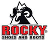 black ram inside outline of mountain and red text "rocky shoes and boots"