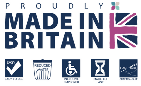  'Proudly Made in Britain' is written in Navy Blue.  Next to a graphic of a half section of the Union Jack flag. Graphics of BBCo values are in navy blue.  Easy to Use, Reduced Waste, Inclusive Employer, Made to Last and Handmade.