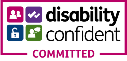 Logo shows "Disability Confident" written in black writing. "Committed" in bright pink writing.  The words are surrounded by a bright pink border. The words have some graphics next to them of an unlocked padlock, people, a person with a speech bubble and two ticks.  These graphics are in pink, purple, blue and green.
