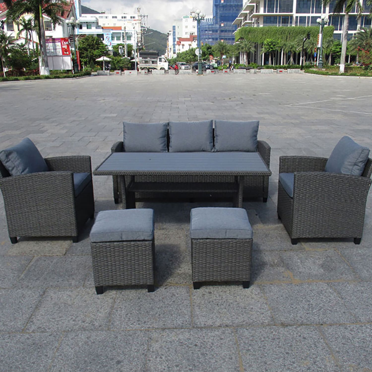 Bude rattan garden sofa dining set 7 seat grey 500-1000,bude rattan