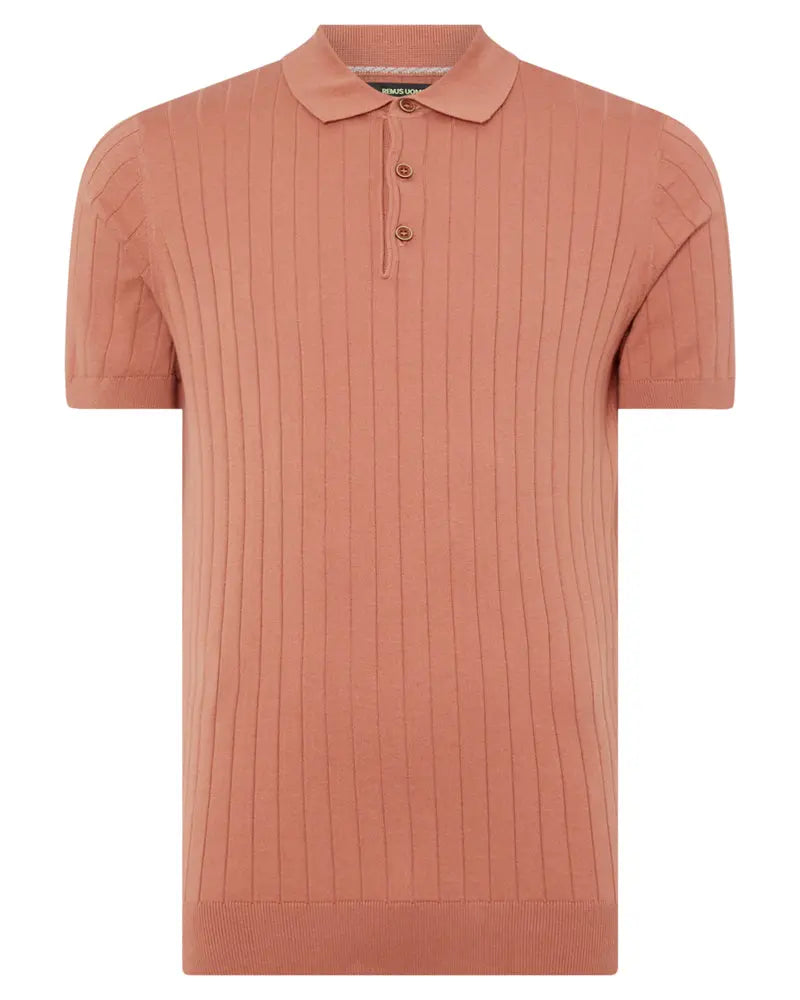 Remus Uomo Ribbed Knitted Polo - Orange From Woven Durham