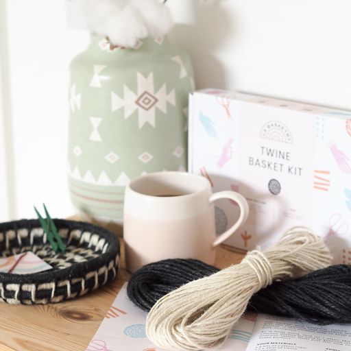 Twine Basket Kit with finished basket, tea and vase