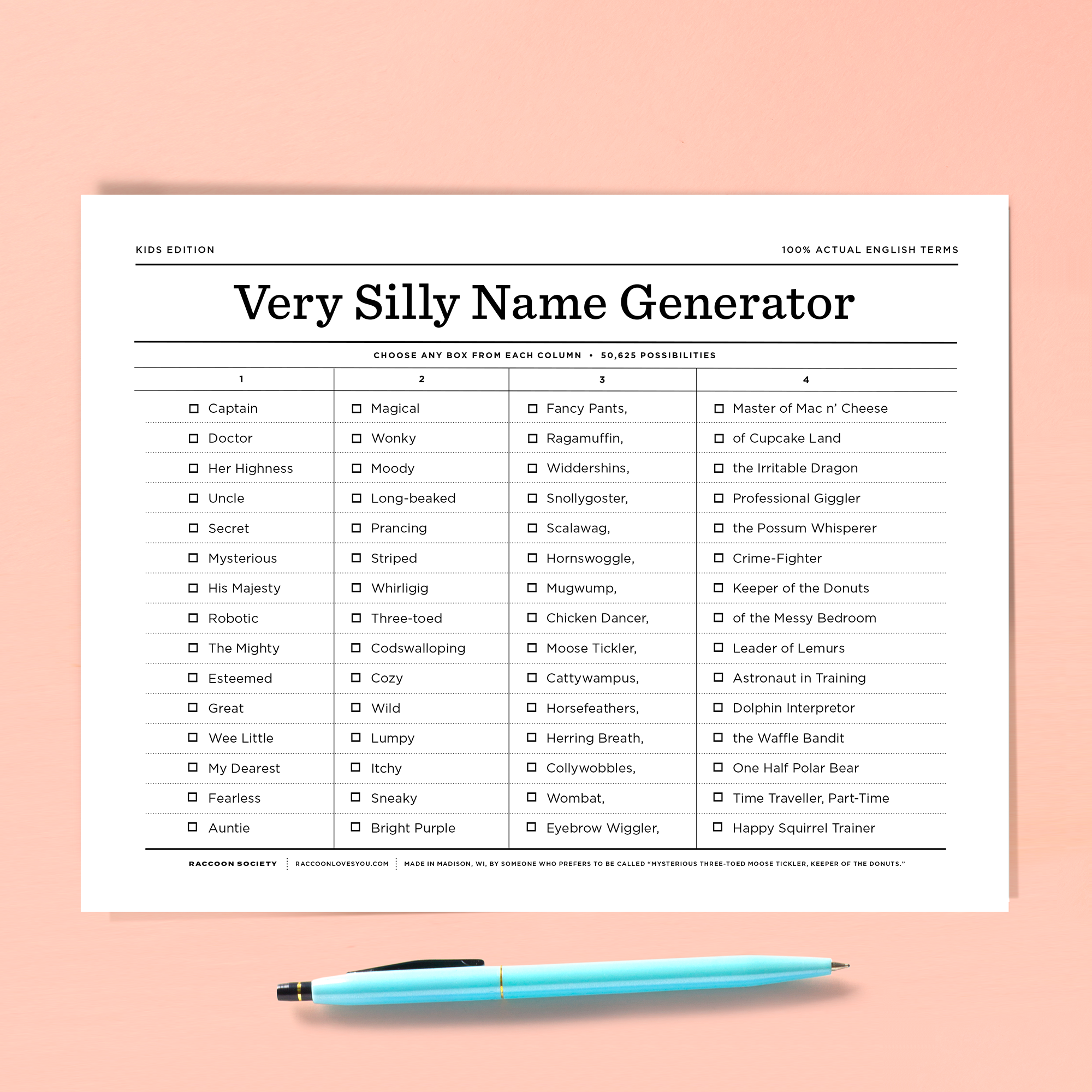 Free Very Silly Name Generator Kids Edition Downloadable Jpeg Raccoon Society