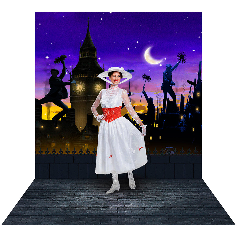 Mary Poppins Photo Backdrop depicting London's rooftops and chimney sweeps