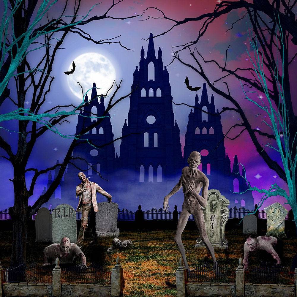 Halloween Party Photo Backdrop Banner Graveyard Zombie Bats
