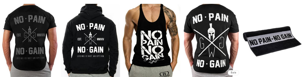 Découvrez les sweats à capuche, t-shirts et débardeurs « No Pain - No Gain » chez Gym Generation