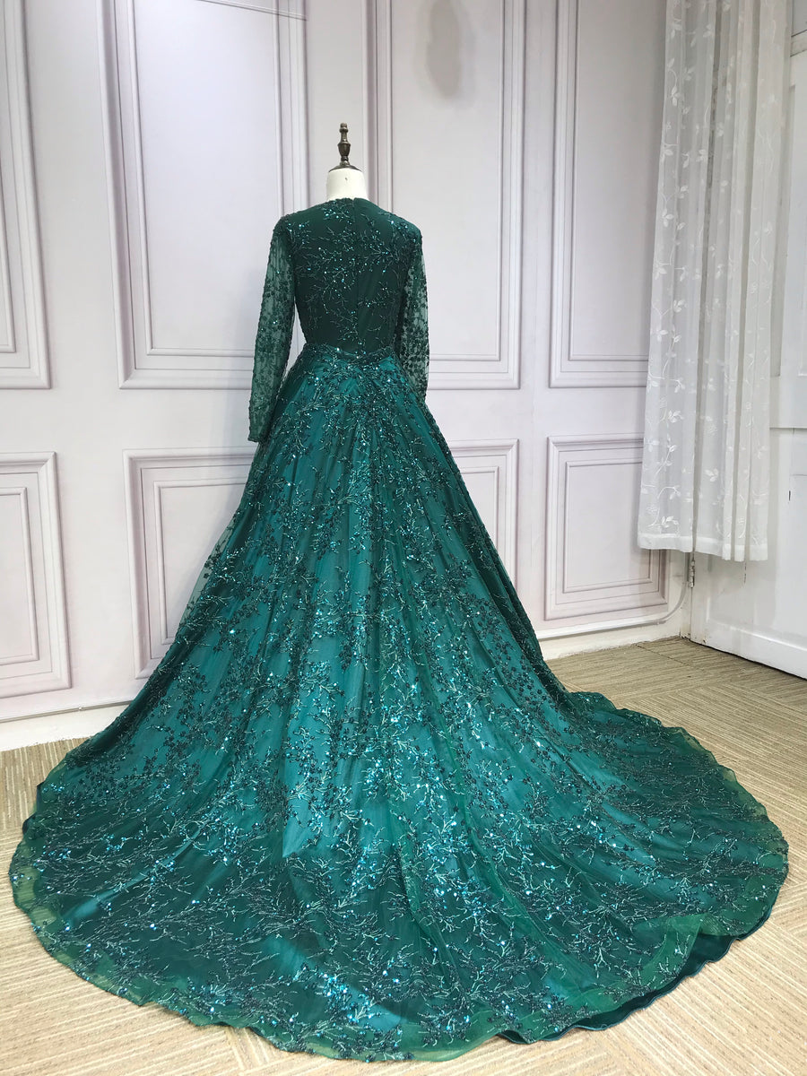 Long sleeves sequins lace mermaid with removable train emerald green m ...