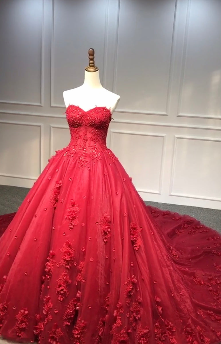 Fairytale dark red ball gown skirt 3D lace flowers wedding prom dress ...