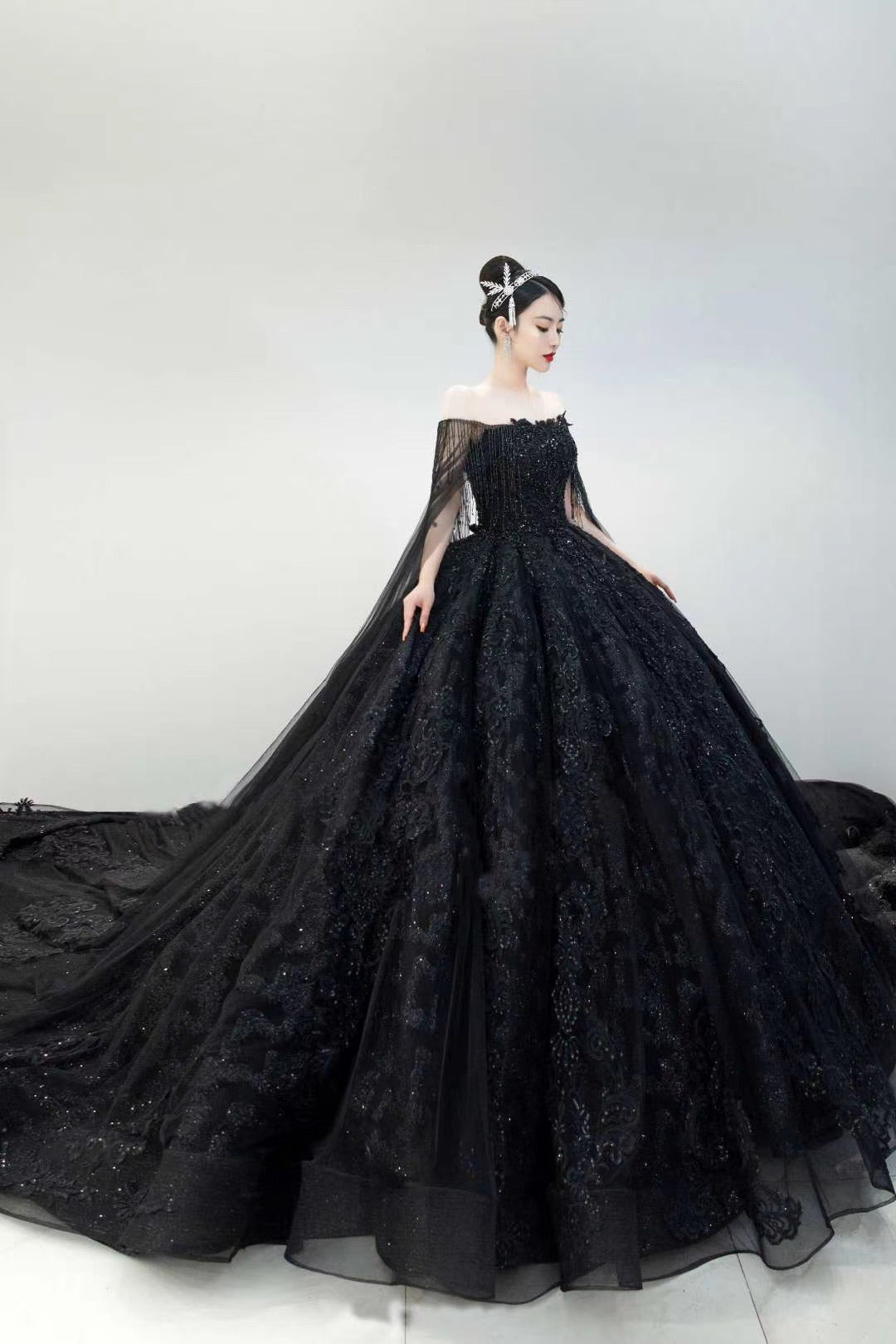 Unique off shoulder black lace sparkling glitter ball gown wedding pro ...