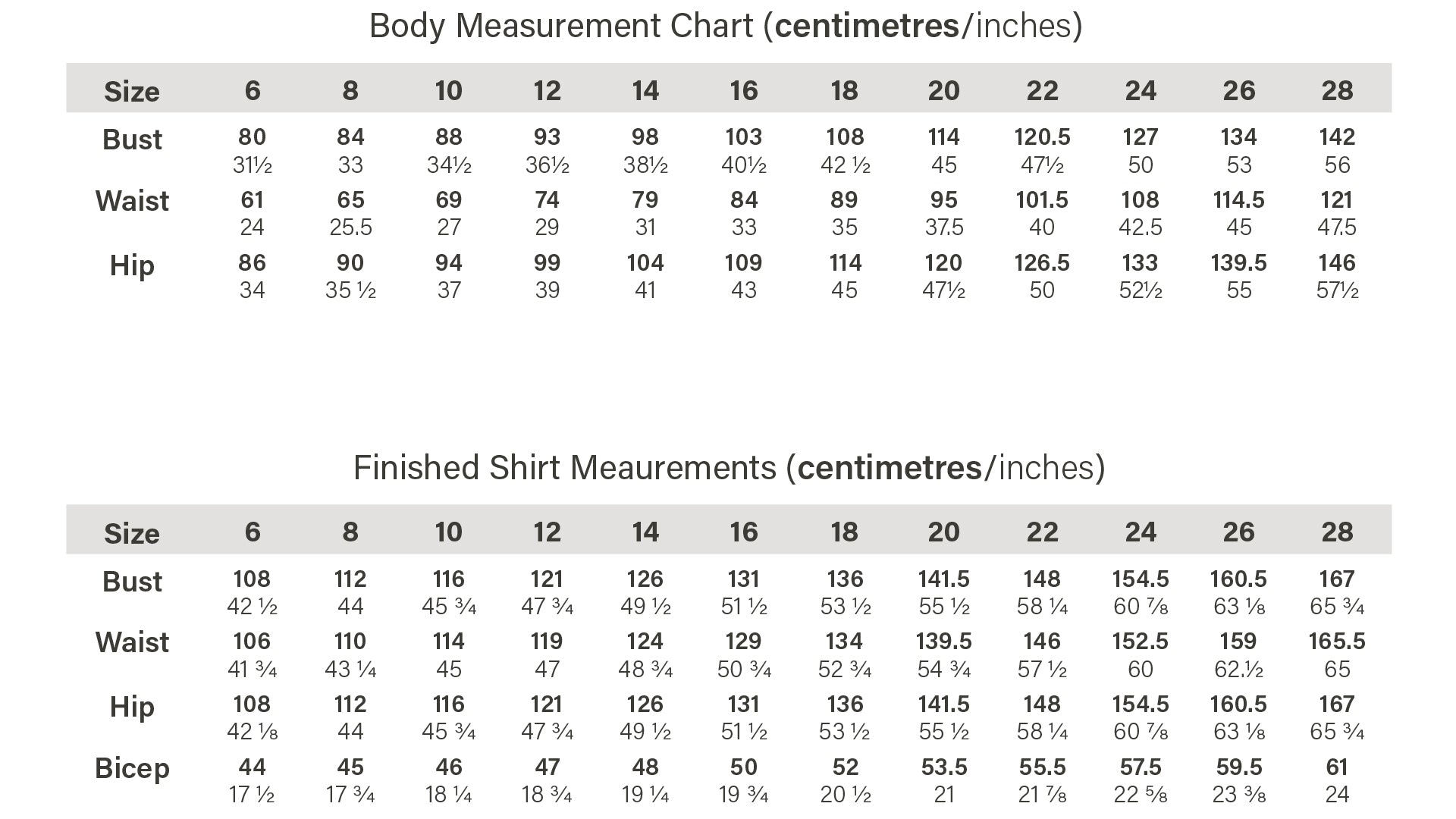 Olya garment measurements chart