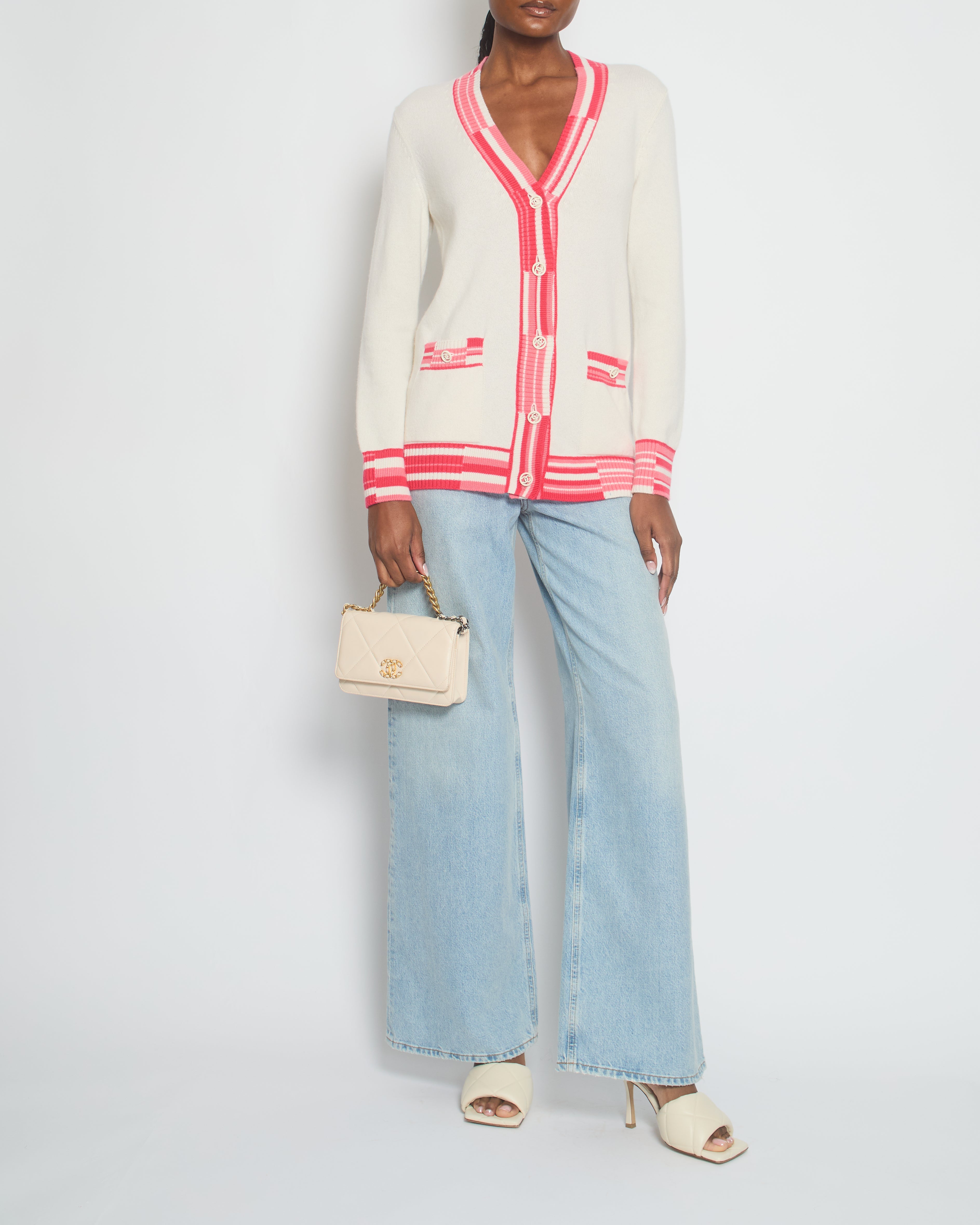 image of Chanel Deauville Biarritz Venise Cream and Pink Cashmere Cardigan With White CC Button Detail FR 36