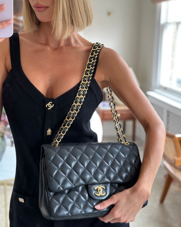 Chanel Black Lambskin Jumbo Single Classic Flap Bag with Gold
