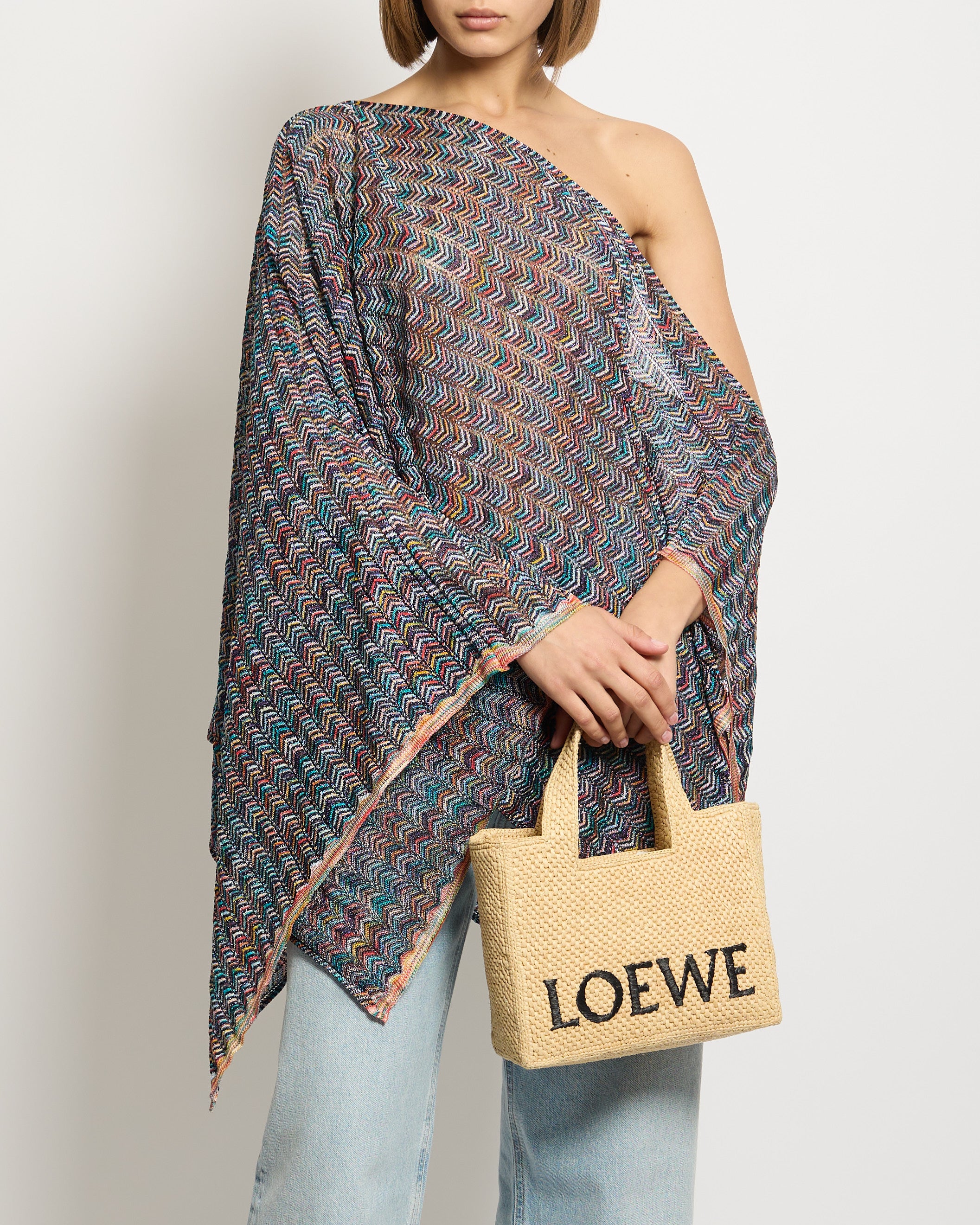 Image of Missoni Blue Lurex Multi Colour Zig Zag Pull Over Poncho Beach Cover Up One Size