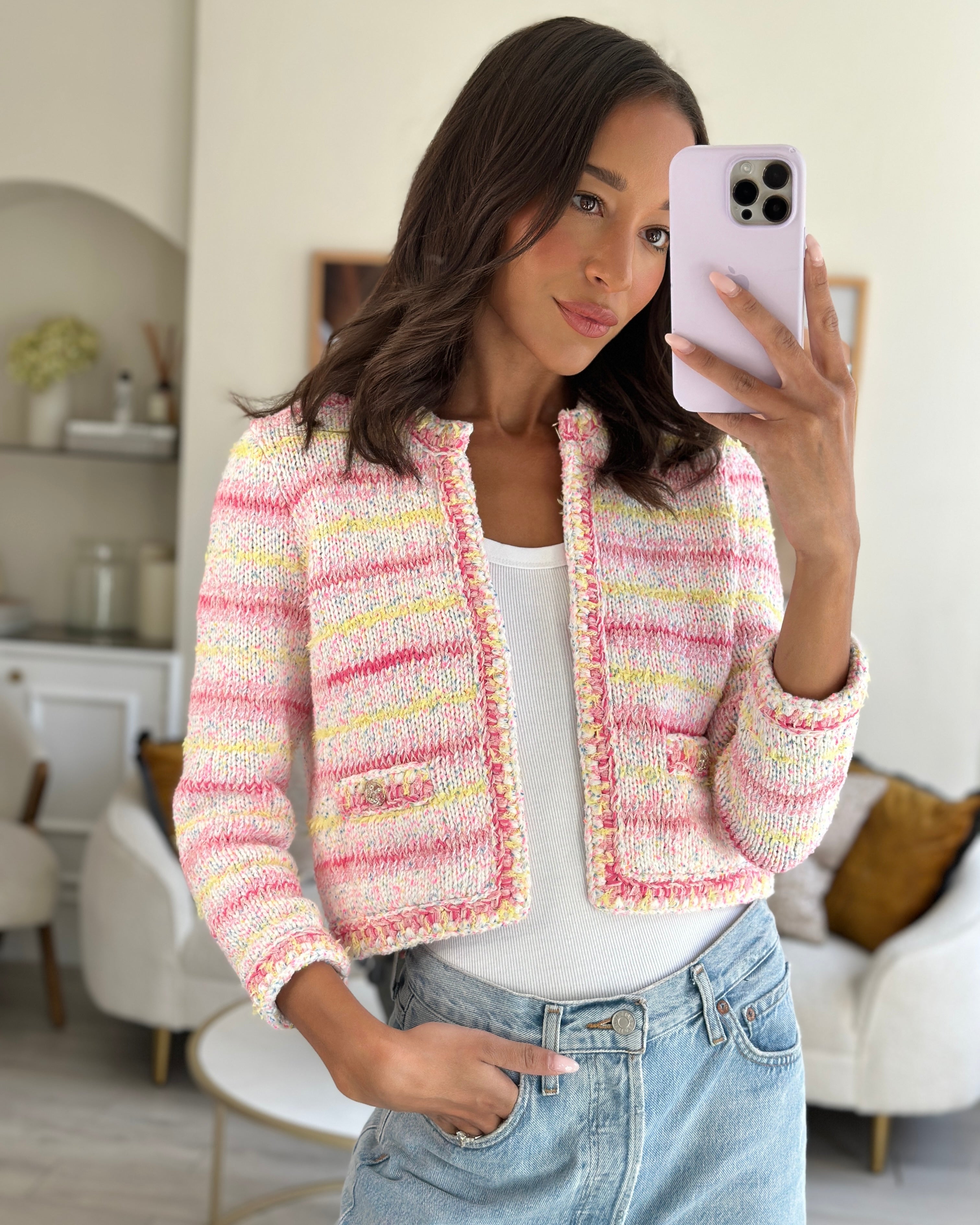 image of *SUPER HOT* Chanel 24C Pink and Yellow Tweed Stripe Knit Long Sleeve Cardigan with Crystal Logo But