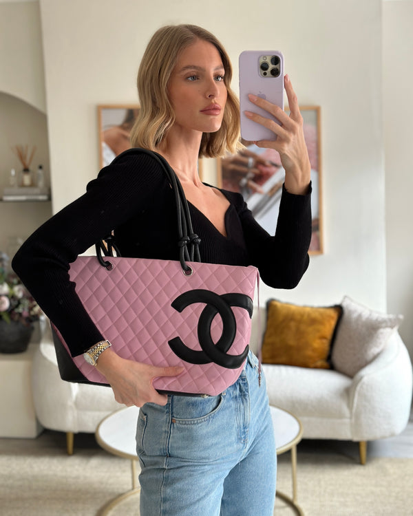CHANEL, Bags, Chanel Rue Cambon Paris Black Lambskin White Cc Tote Bag  Pink Lined Zipper Purse