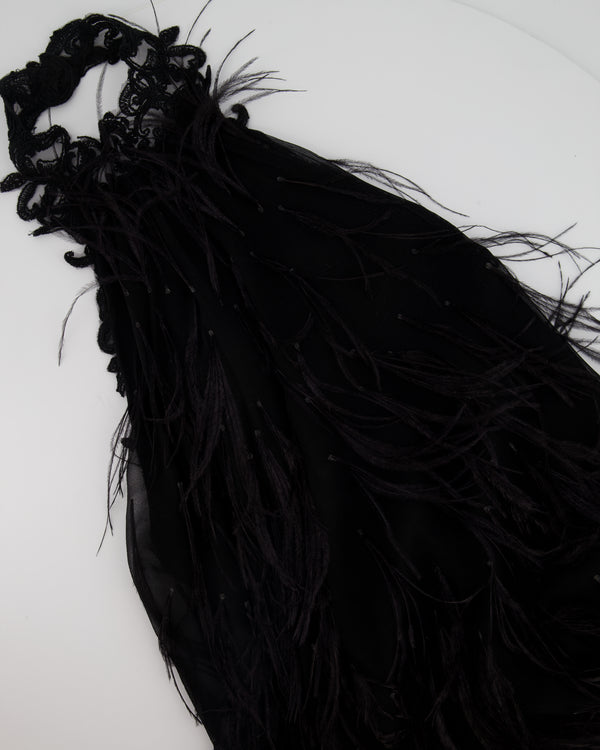 Ermanno Scervino Black Halter-Neck Featherd Dress with Lace Detail  Size IT 38 (UK 6)