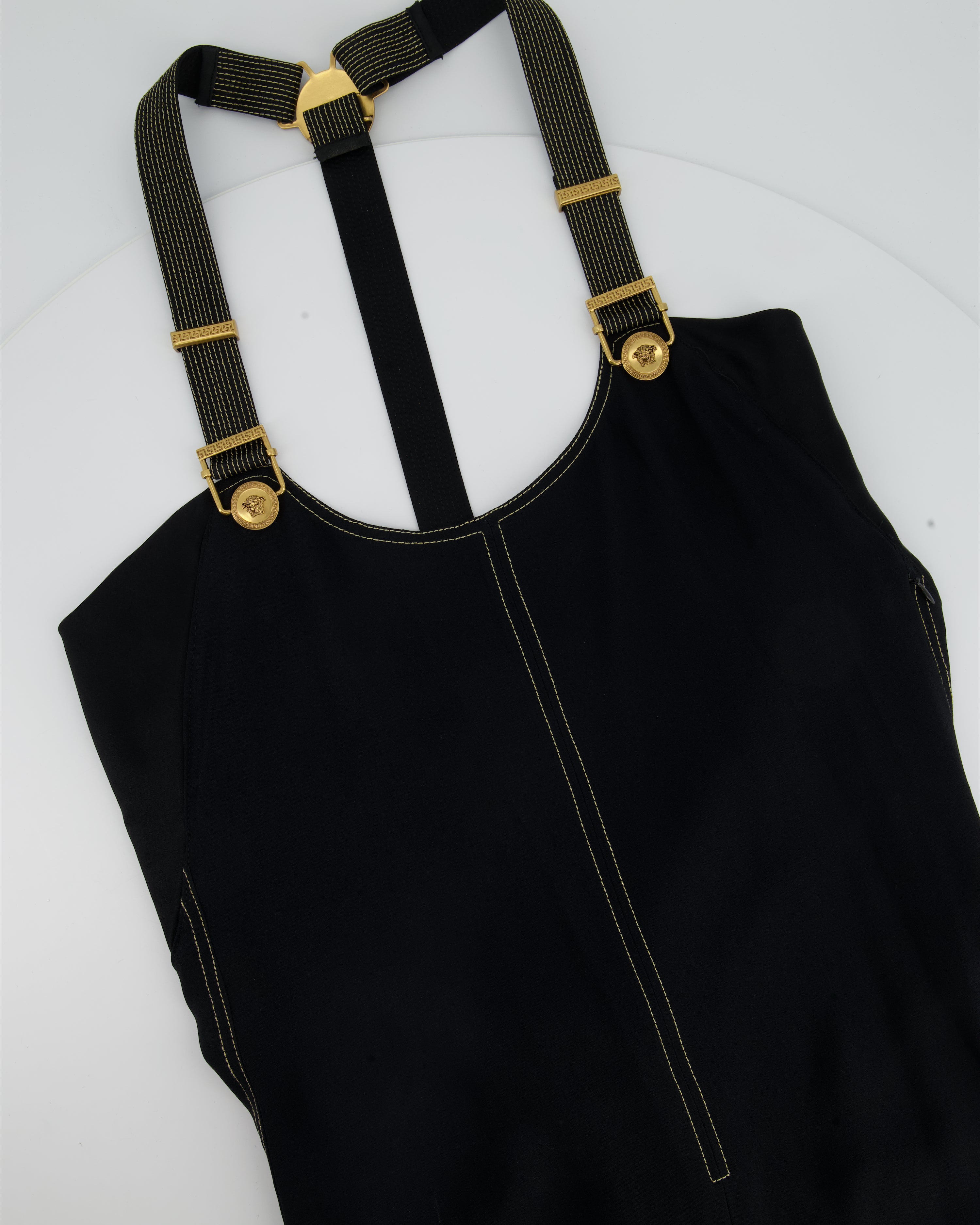 Versace Black Sleeveless Jumpsuit with Gold Stitch and Gold Medusa Siz ...