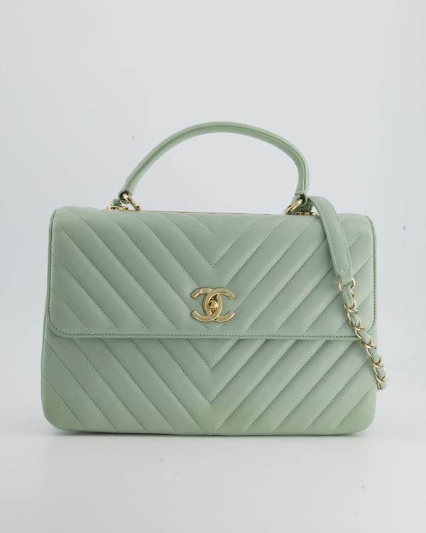 Chanel Mint Green Trendy Bowling Bag in Lambskin Leather and Champagne –  Sellier